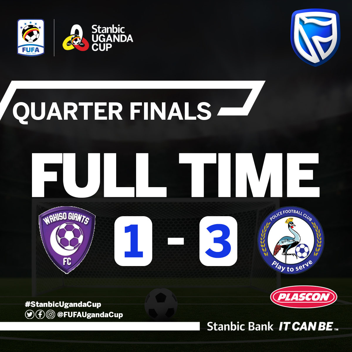 Police FC win the first leg of the Quarter Final tie against Wakiso Giants FC.

⚽ 5' Ruben Kimera (OG)
⚽ 12' Derrick Kakooza
⚽ 26' Yusuf Ssozi
⚽ 65' Ben Ocen

#WGFCPOL | #StanbicUgandaCup