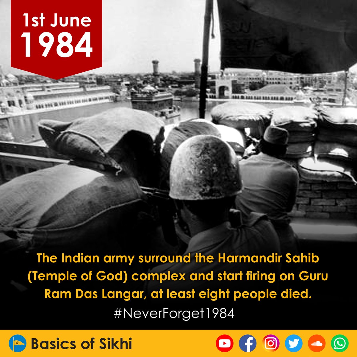 Today marks the first day of the 1984 government attacks on Sri Harmandir Sahib (the golden temple). The Indian army surrounded the Harmandir Sahib complex and started firing on Guru Ram Das Langar; at least eight people attained Shaheedi (martyrdom). #NeverForget1984