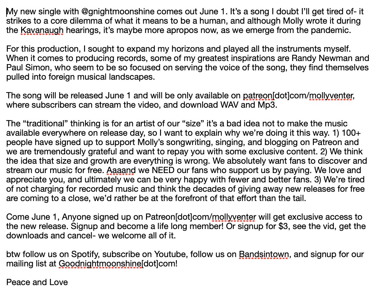 My new single with <a href="/gnightmoonshine/">Goodnight Moonshine</a> comes out 
June 1. 

It’s a song I doubt I’ll get tired of- it strikes to a core dilemma of what it means to be a human, and although Molly wrote it during the Kavanaugh hearings, it’s maybe more apropos now, as we...