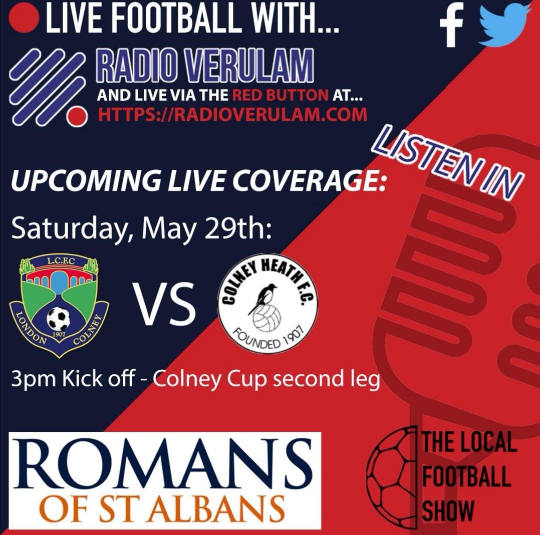 This Saturday it is the 2nd leg of The Colney Cup. @ColneyHeathFC lead @LCFC1907 2-1 so who will lift the Dave Brook Trophy? If you can't make it to Cotslandwick go to radioverulam.com for LIVE commentary #stalbans #RVSaturday #RVHeadsUp @TobyHowe0212 @christillin