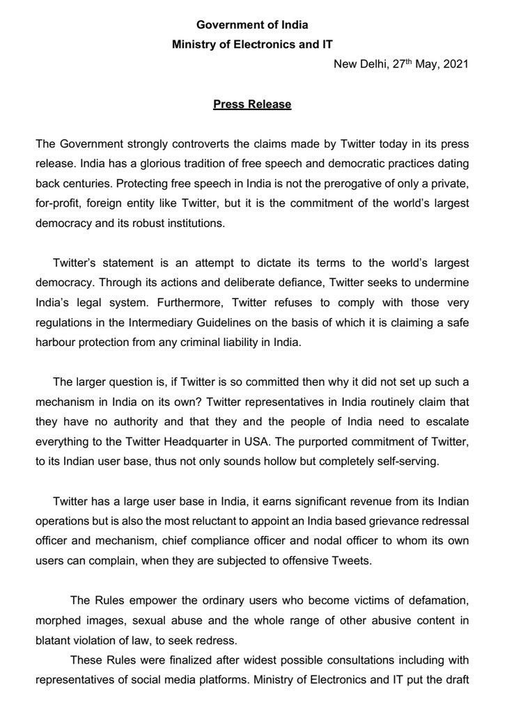 chetanbragta's tweet photo. A very strong statement by Govt of India to Twitter. https://t.co/71Yk939EIL