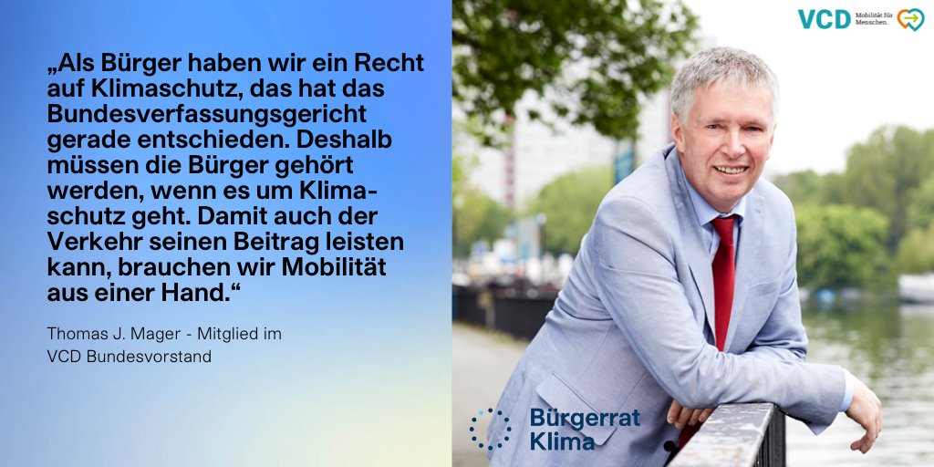 Der <a href="/VCDeV/">VCD</a> unterstützt #BürgerratKlima im Beirat. Thomas J. Mager aus dem VCD-Bundesvorstand setzt dezidiert Hoffnung in die 160 ausgelosten Teilnehmenden. Mit ihren Handlungsempfehlungen an die Politik ließen sich #Klimaschutz &amp; #Verkehrswende realisieren. #lasstunsreden