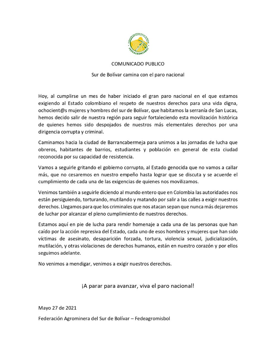 OlgaLBernal's tweet photo. Por la defensa de la vida y el derecho a la permanencia en el territorio, las comunidades agromineras del sur de Bolívar se movilizan en el #ParoNacional
@CorpReiniciar https://t.co/Z4sz6et8wP