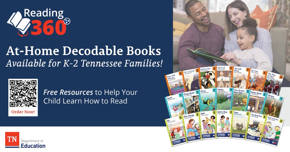 TN Families-- Grow your at-home library and ORDER your #TNDecodables for your K-2 students TODAY using this QR code! These book packs are available to order for free and include exciting stories and words families can read and practice together at home.
