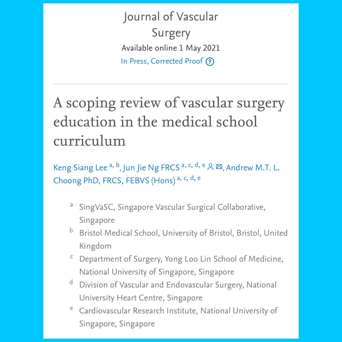 DrAndrewChoong's tweet image. It’s finally out!!! Huge congratulations to @kengsianglee and @drjunjieng on this excellent @singvasc #SingVaSC scoping review of #vascular #surgery education in medical school. My personal share link for a free download for the next 50 days… authors.elsevier.com/c/1d8Rn2ecZev7…