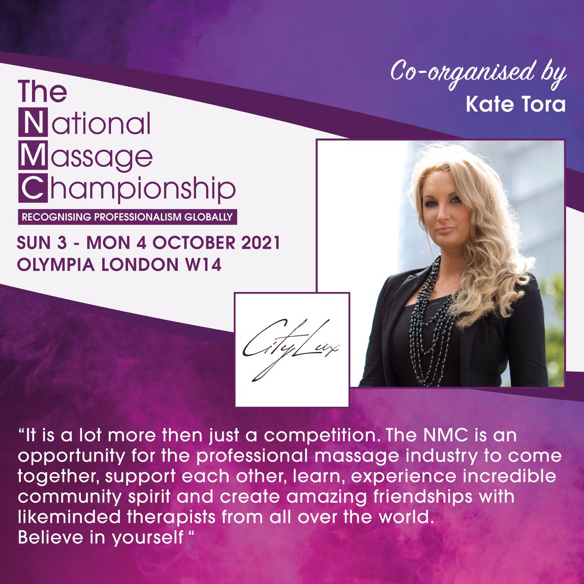 “ It is a lot more then just a competition. The NMC is an opportunity for the professional massage industry to come together, support each other, learn, experience incredible community spirit and create amazing friendships with likeminded therapists from all over the world. “