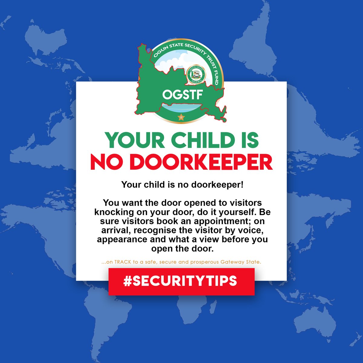 OGSTFofficial's tweet photo. YOUR CHILD IS NO DOORKEEPER

You want the door opened to visitors knocking on your door, do it yourself. Be sure visitors book an appointment; on arrival, recognise the visitor by voice, appearance and what a view before you open the door.
#HappyChildrensDay 👨‍👩‍👧‍👦 https://t.co/QfhapnJGf8