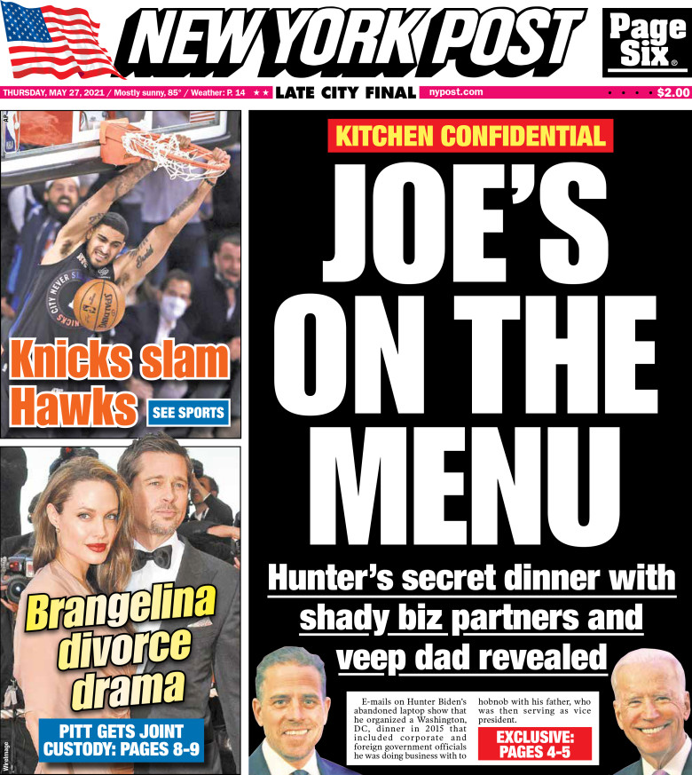 Today's cover: Hunter Biden brought VP Joe to dinner with shady business partners trib.al/vY5Bzkc
