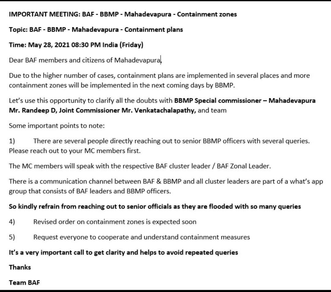 VishnuGattupal1's tweet photo. BAF - BBMP Mahadevapura- meeting on containment zones:
Questions link https://t.co/VG5PulI1C2
YouTube live link https://t.co/3fZ4yztVNs
@BAFBLR @Randeep_Dev @BBMPMahadevpura @WFRising https://t.co/8oLjoCIesx