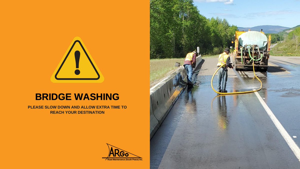 ArgoSouthPeace's tweet photo. CAUTION: Today in the #ProgressBC area crews are also washing Brassey Creek Bridge (#7105) on 13 Upper Cutbank Rd. Traffic will be single lane, alternating.
Please slow down, give crews plenty of room to work, & obey all traffic control directions + personnel. #ConeZoneBC https://t.co/2sqJoTbZUP