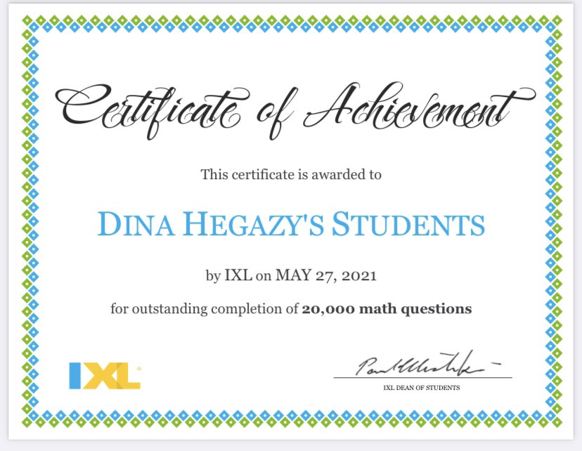 DinasToolbox's tweet image. Dina Hegazy&apos;s students have answered 20,000 math questions! 
Woop woop 🙌 

#IXLLearning 

ixl.com/certificate/1_…