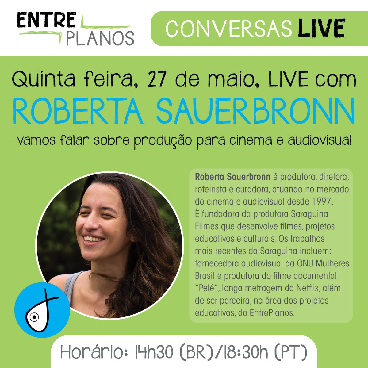 SaraguinaFilmes's tweet image. Quer saber mais sobre o #EntrePlanos? Vem, vai ter #live! A Roberta Sauerbronn, da #SaraguinaFIlmes, vai bater um papo com a idealizadora do projeto, Raquel Pacheco. Manda suas perguntas por #DM que a gente responde no ar! 😀 
18:30 horário de #Portugal
14:30 horário do #Brasil