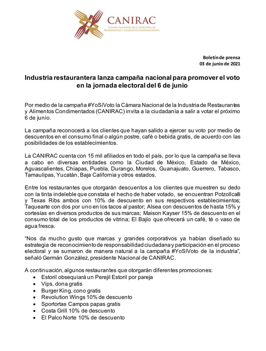 canirac's tweet photo. Por medio de la campaña #YoSíVoto la Industria Restaurantera se ha unido para promover el voto. 🗳 Invitamos a la ciudadanía a salir a votar el próximo 6 de junio. https://t.co/dU7pGgRwcp