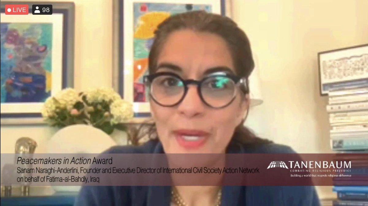 whatthewomensay's tweet photo. ICAN CEO @sanambna accepts @Fatimafirdaws1’s @TanenbaumCenter Peacemaker in Action Award on her behalf, sharing with viewers that “Fatimah is extraordinary” and “the kind of person we all want to emulate in our work.” #PeaceMadePossible #SheBuildsPeace #Iraq https://t.co/tdNL6uKSIk