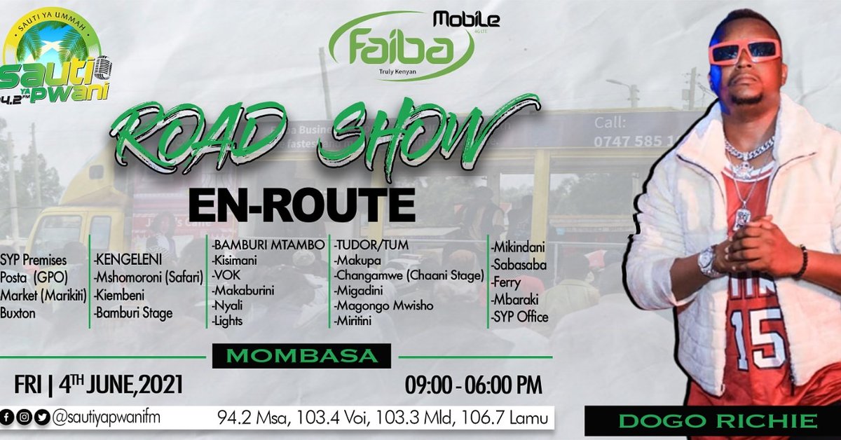 ythekid1's tweet photo. Mombasa stand up!!! Road show bab kubwa kwa Hisani ya @FaibaMobile pamoja na @SautiYaPwani #FaibaKwaMwendoFastaFasta
#FaibaDataConnectFastaFasta 
FAIBA TRULY KENYAN An Faiba JTL

#sikilizasauti
#sautiyaumma
#Staysafe https://t.co/cyjqBCD0Hr