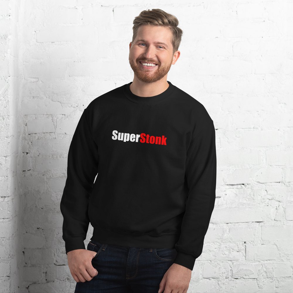 SuperStonkOne's tweet photo. Stay warm on chilly days like today with the #SuperStonk crewneck, available in black or white 🥶 

#superstonk #hodl #gme #gamestop #gamestonk #hodlforcharity #hodlforchange #stonkape #wallstreetbets #eattherich #hodlgang #apestogetherstrong #wsb #gmestock $GME https://t.co/94sGYBV0Ke