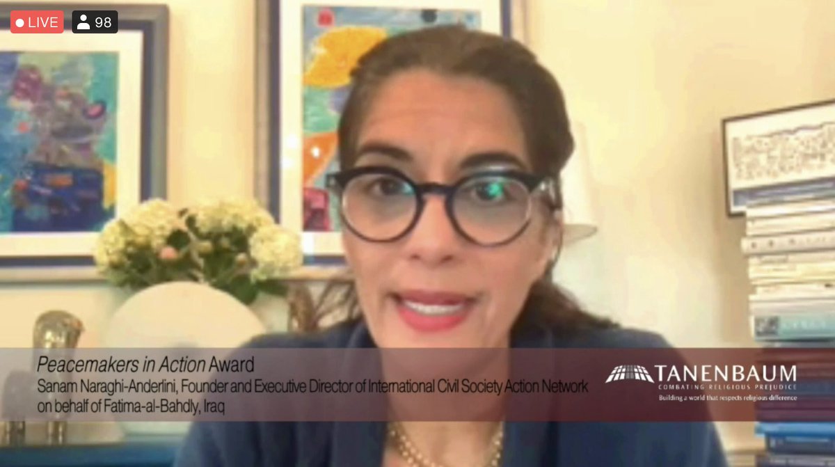 whatthewomensay's tweet photo. .@Fatimafirdaws1 "has put herself at risk, she has been threatened, but she continues because she knows this is what her country needs.” — ICAN CEO @sanambna accepting @TanenbaumCenter Peacemaker in Action Award on Fatimah's behalf #PeaceMadePossible #SheBuildsPeace #WASL #Iraq https://t.co/ZtQfnb8224
