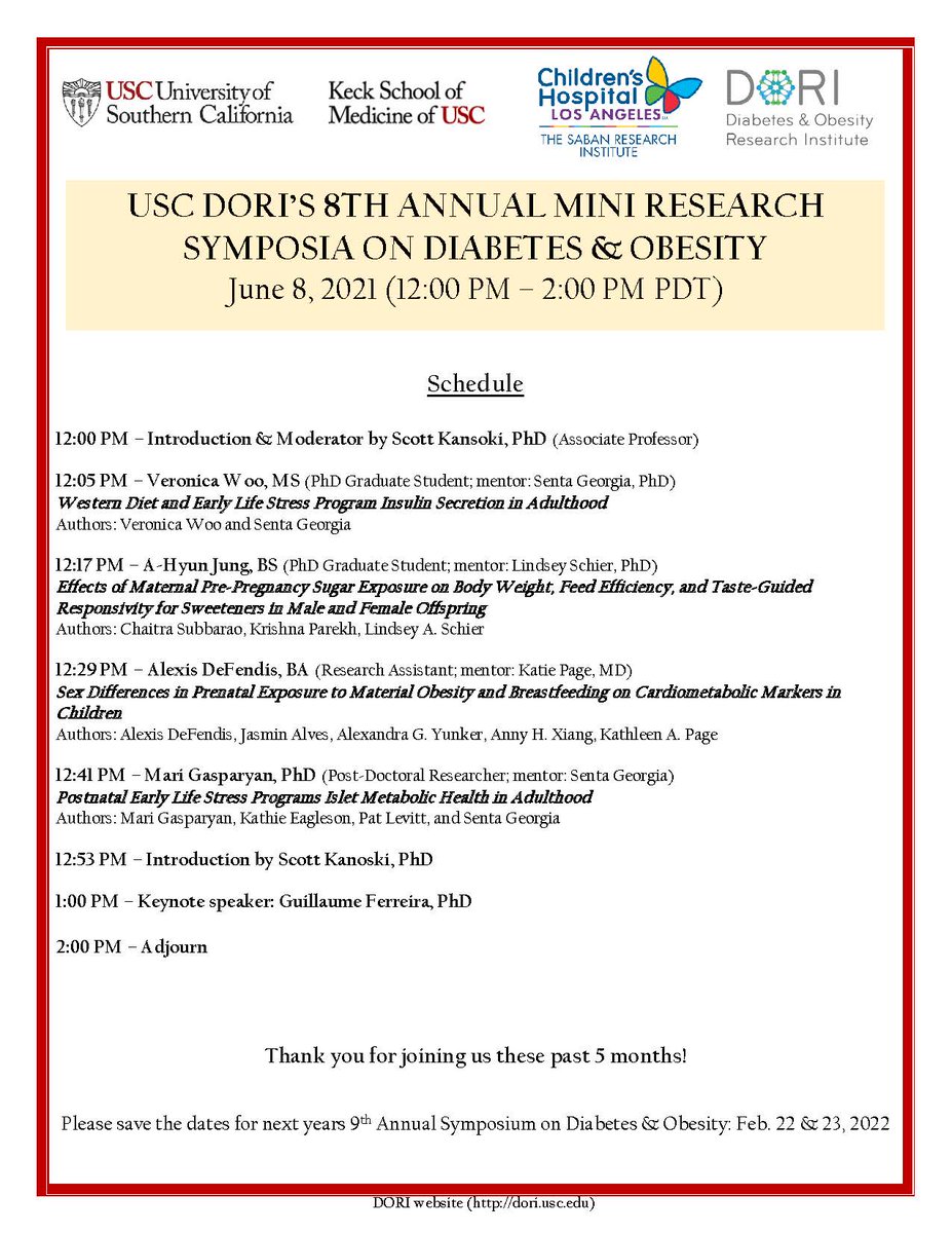 USC_DORI's tweet photo. USC DORI’S 8TH ANNUAL MINI RESEARCH SYMPOSIA ON DIABETES &amp; OBESITY - Day 5 Schedule https://t.co/l0ilzrbLTs