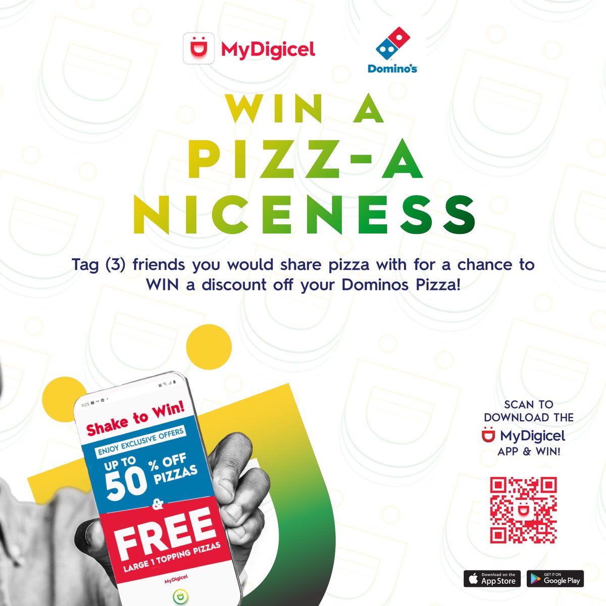 DIGICELJamaica's tweet photo. Here’s your chance to get a pizz-aniceness 🍕
Quote (3) friends who you would share a pizza with and WIN a discount off your @DominosJamaica pizza! ✨👯♀️ #ShakeToWin https://t.co/XYn71rpN4f