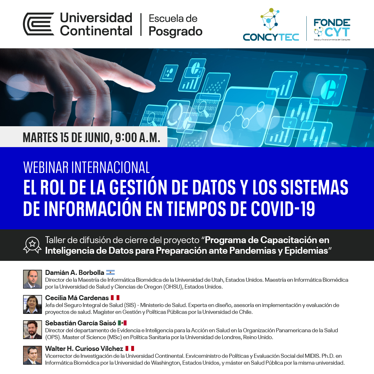 waltercurioso's tweet photo. Nos vemos el 15 junio con los grandes @daborbolla de @uudbmi, #CeciliaMa del @SIS_PERU y @sebgasa de @opsoms en el Webinar: Rol de la Gestión de Datos en tiempos de #COVID19, en el marco de cierre programa #InteligenciaDatos financiado por el @FondecytPeru
https://t.co/kEjFHXdXTD https://t.co/01b2W4x4db