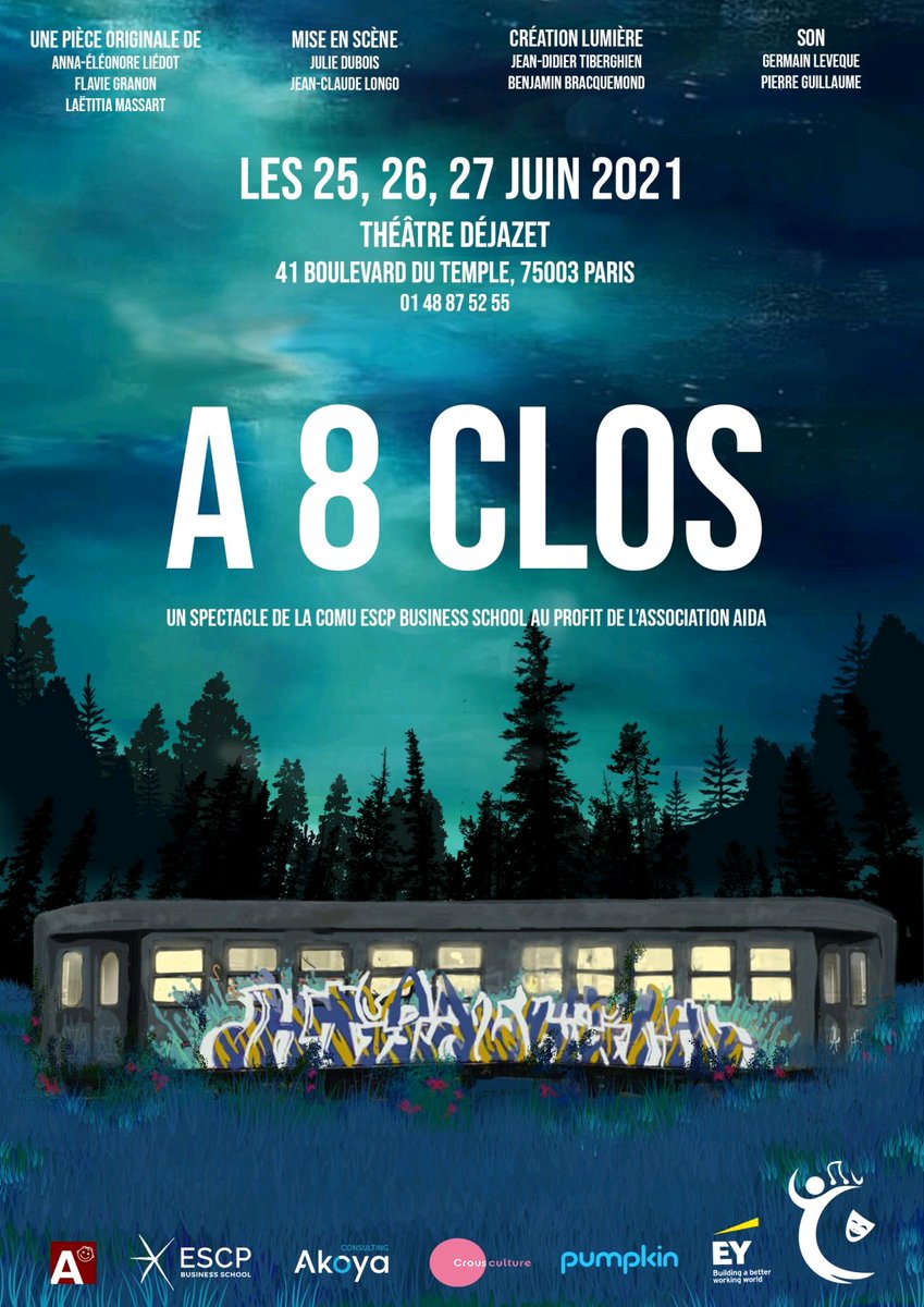 #Cancer

Vous faîtes quoi les 25, 26 &amp; 27 juin ?

"A 8 Clos" au <a href="/TDejazet/">Théâtre Déjazet</a>.

Bénéfices reversés à l'association <a href="/assoaida/">Association Aïda</a> pour aider les enfants luttant contre le cancer.

Bravo <a href="/comu_escp/">CoMu ESCP</a> <a href="/ESCP_bs/">ESCP Business School</a> 👍

<a href="/axelkahn/">Axel Kahn</a>, <a href="/BenPavard28/">Benjamin Pavard 5</a> 🖐

Les billets ici
⬇️⬇️
billetterie.pumpkin-app.com/a-8-clos-bille…