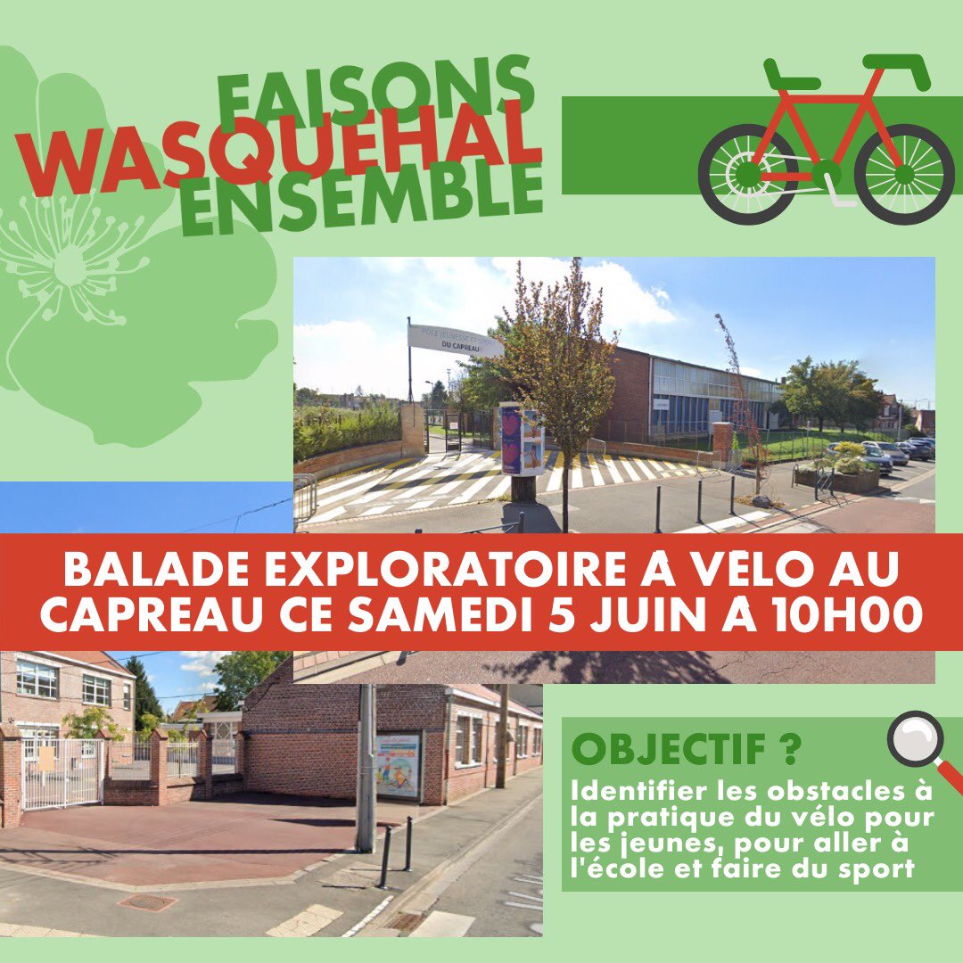 FEWasquehal's tweet photo. 🔴🟢🚲 ce samedi 5 juin Faisons #Wasquehal Ensemble organise une ballade exploratoire au #Capreau en vélo . Rdv 10h au 133 rue Coli . À samedi ! 🚲🟢🔴 https://t.co/dgFCsHB4AU