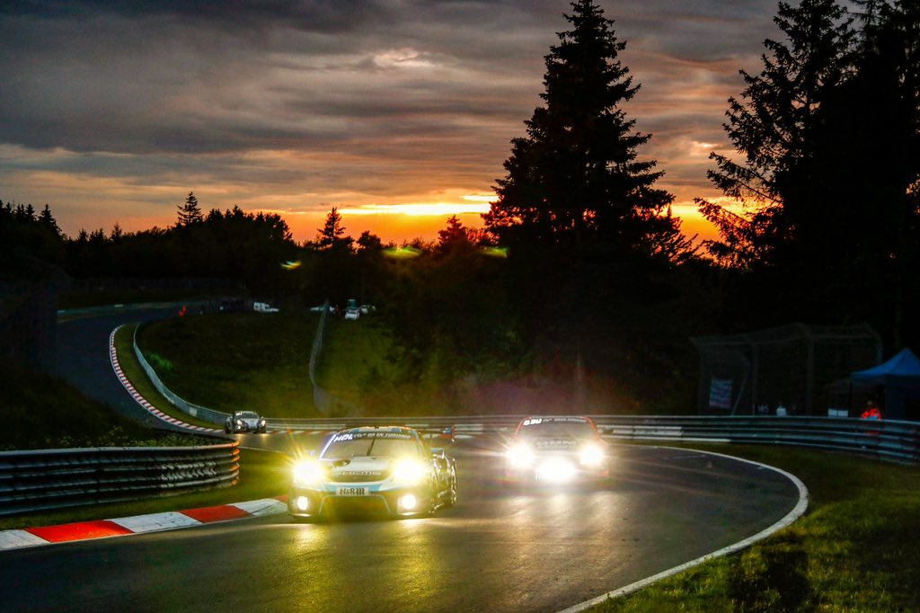 KCMotorgroup's tweet photo. Twilight descends upon the Green Hell. @24hnbr #Quali2 #TeamKCMG #18Porsche911GT3R https://t.co/tghRlHGcLl