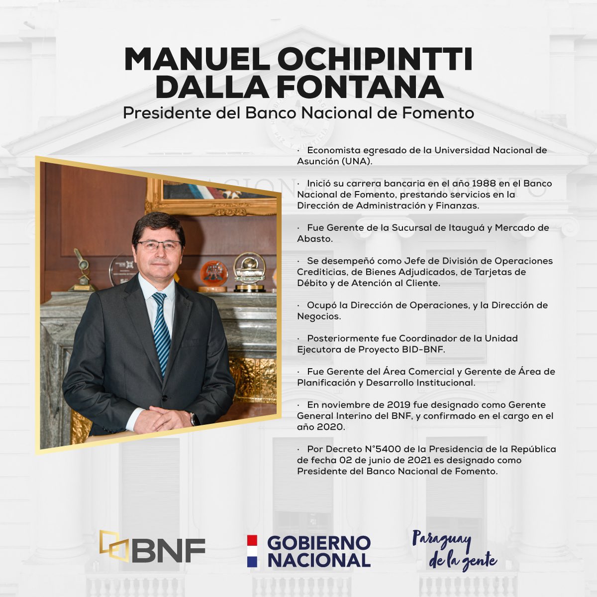 BNF_Py's tweet photo. Damos la Bienvenida al Nuevo Presidente del Banco Nacional de Fomento, Econ. Manuel Ochipintti Dalla Fontana.

Le deseamos éxitos en sus funciones. https://t.co/rSX8HP5Eq9