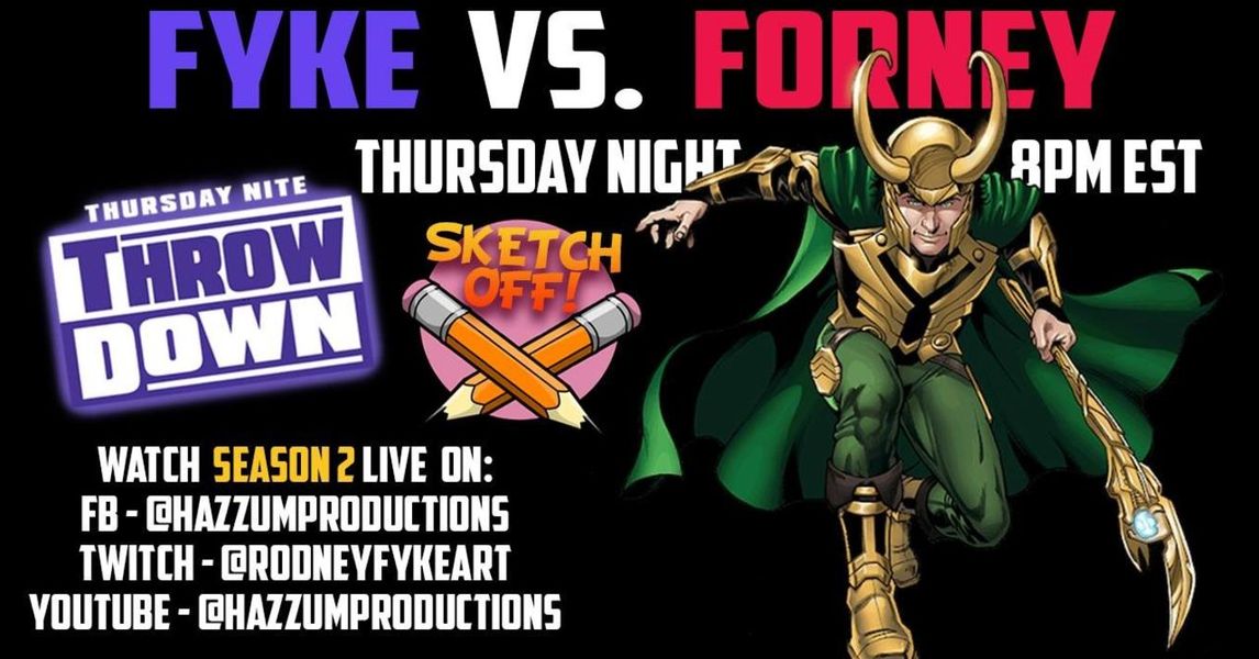 AmandaGPresents's tweet photo. Friends &amp; sponsors of AGP, @rodneyfyke &amp; @SeanForneyArt, will be LIVE tonight (6/3) at 8pm EST w/another #ThursdayNiteThrowDown!

Tonight's #SketchOff: #Loki

Watch on #Facebook: https://t.co/iVEbdZFoCW
#Twitch: https://t.co/yifCLJpbq3
and #YouTube: https://t.co/hlUyEbx62M https://t.co/uCD5jmQtUM