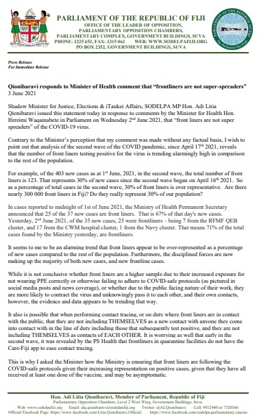 AQionibaravi's tweet photo. My response to comments by the Minister for Health @Nadokoulu in Parliament on Wednesday 2nd June 2021, that “front liners are not super spreaders” of the COVID-19 virus. https://t.co/LjB3k3u5e3
