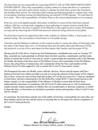 My response to comments by the Minister for Health <a href="/Nadokoulu/">Dr I Waqainabete</a> in Parliament on Wednesday 2nd June 2021, that “front liners are not super spreaders” of the COVID-19 virus.