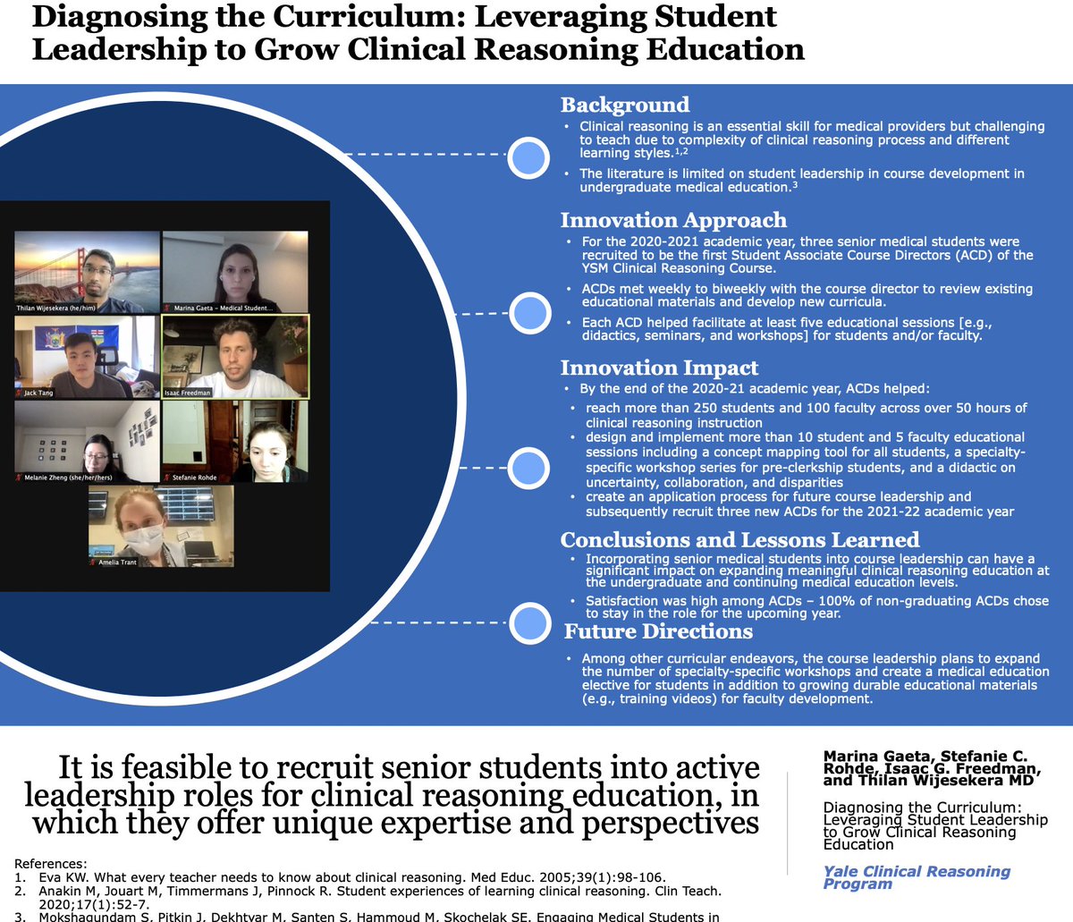So lucky to work with <a href="/MarinaGaeta1/">Marina Gaeta Gazzola</a> <a href="/stefrohde/">Stefanie Rohde</a> and <a href="/isaacgfreedman/">Isaac G Freedman, MD MPH</a> as associate course directors in our clinical reasoning course at <a href="/YaleMed/">Yale School of Medicine</a>. Excited to see what other #TeachDx innovations are on the way! #YMedEdDay #MedED
