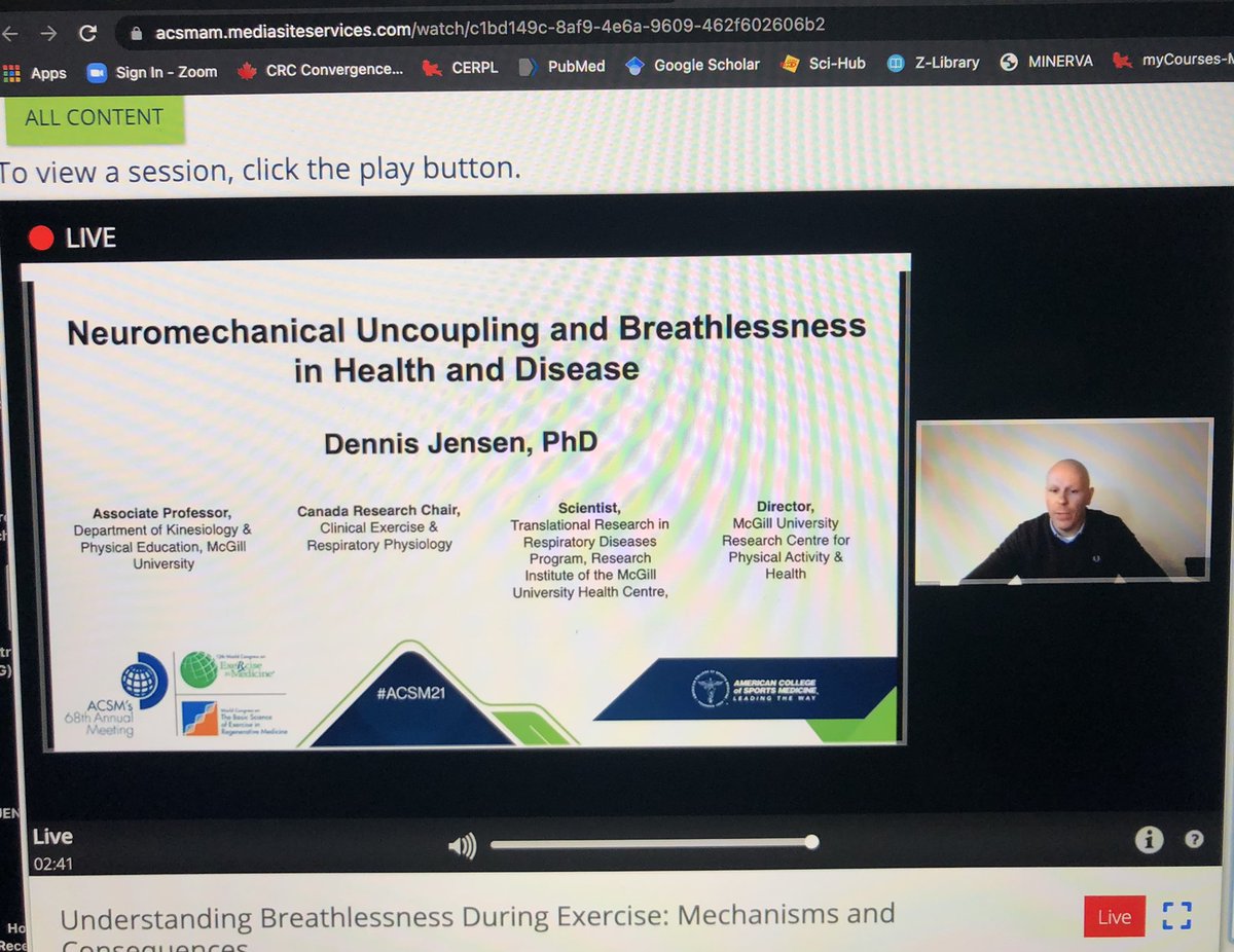 #ACSM2021 symposium presentation on the mechanisms of #breathlessness during exercise in #health and #disease with co-presenters @mkstickland Dr Paulo Dominelli (Waterloo) & Dr Dharini Bhammar (UNLV) #dyspnea #dyspnoea @CERPLMcGill @ACSMNews