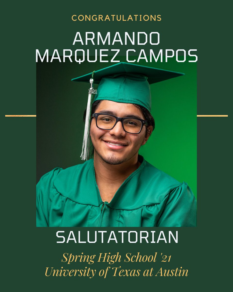 Congratulations to Spring High School Valedictorian Toneelea Shaftner and Salutatorian Armando Marquez Campos for graduating at the top of their class. We can't wait to celebrate with you on Sunday, June 6. #SpringISDSeniors