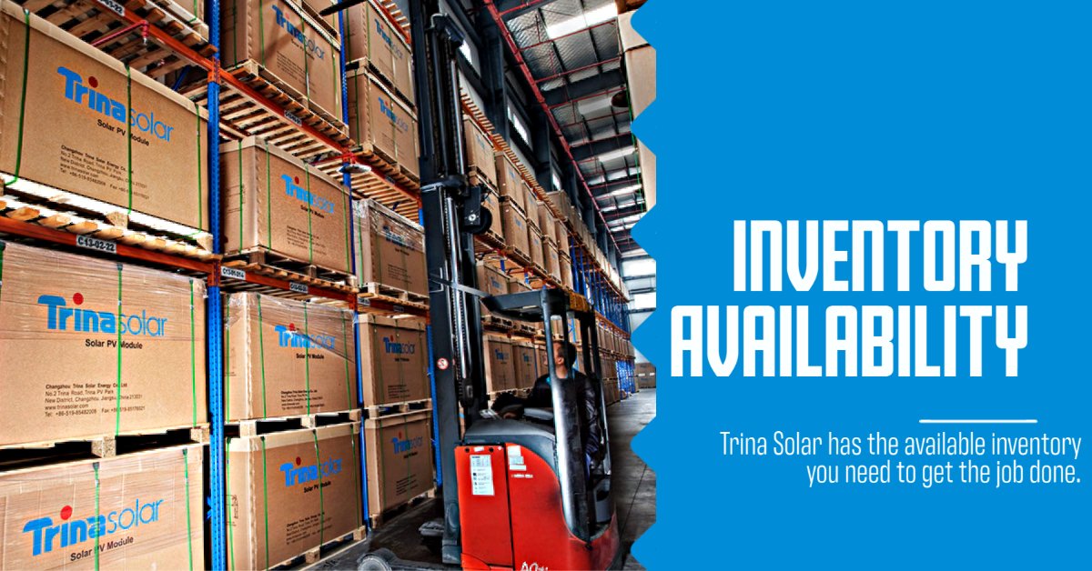 TrinaSolarUS's tweet image. Choose your #solarpanels and connectors from what we have available in June 2021, and watch your #PVproject timelines shrink! Check out our available inventory here:
pages.trinasolar.com/Inventory-LP.h…