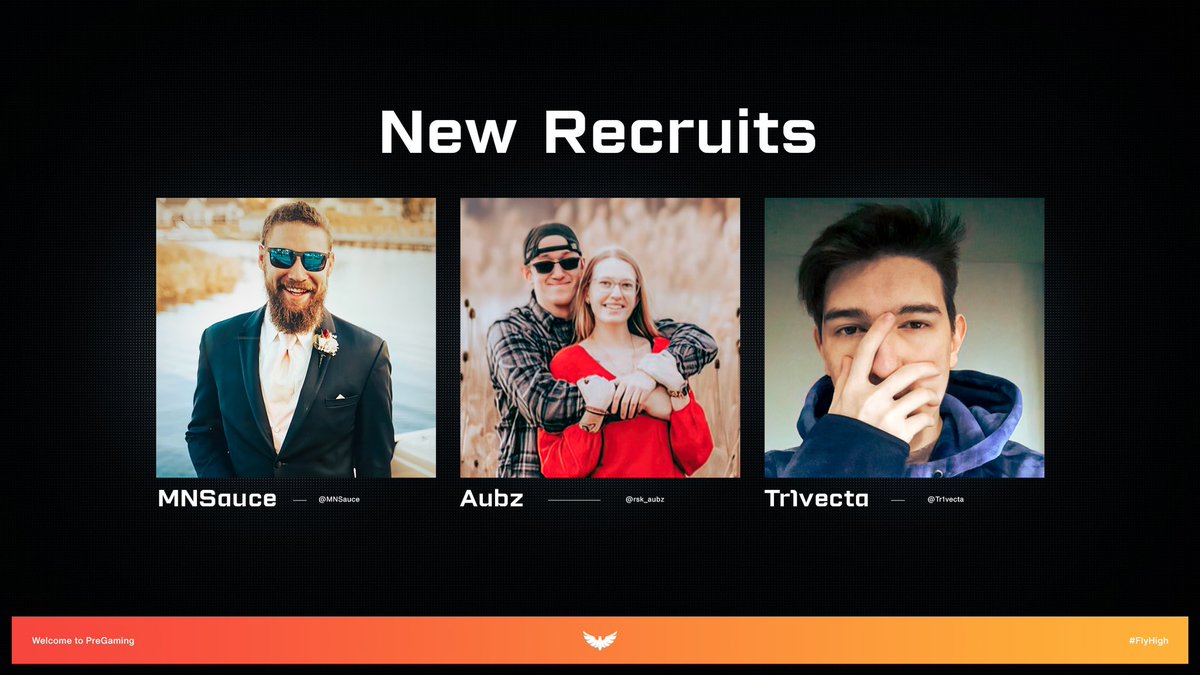 PreGamingGG's tweet photo. ๐จTHE BIG 3๐จ
New faces join us today! Help us welcome these 3 into our family. Come meet them tomorrow at Tacoโs Movie Night.
๐ค: @MNSauce
๐ค: @rsk_aubz
๐ค: @Tr1vecta
#FlyHigh | #DropTheHashtag https://t.co/4tKVwGQCIs