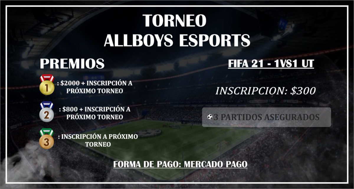 AllBoys_eSports's tweet photo. #PS4 #FIFA21 #1VS1
TORNEOS ALL BOYS ESPORTS

MODALIDAD:1VS1 UT
INICIA:Domingo 13/06/21 18HS

📝Inscripcion:$300

💸PREMIOS:
💰1er Puesto:$2.000+Inscripcion prox. torneo
💰2do Puesto:$800+Inscripcion prox. torneo
💰3er Puesto:Inscripcion prox. torneo

Para anotarte envianos MD! https://t.co/wiJLk2zaKX