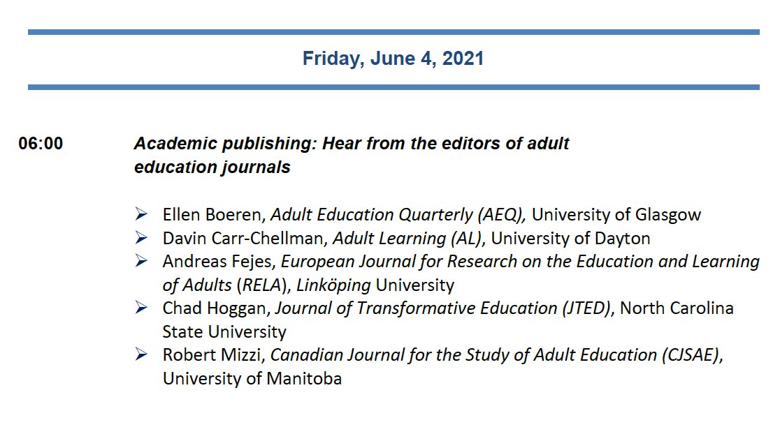 Tomorrow morning (Friday, 9am EST) #AEGT2021 will open with this wonderful panel featuring editors from <a href="/AEQjournal/">Adult Ed Quarterly</a>, <a href="/ALJournal1/">@ALJournal</a>, <a href="/RELA_Journal/">RELA-ESREA</a>, and <a href="/CjsaeRceea/">Canadian Journal for the Study of Adult Education</a>. Featuring <a href="/ellen_boeren/">Prof Ellen Boeren</a>, <a href="/carrchellman/">Davin Carr-Chellman</a>, <a href="/AndreasFejes/">Andreas Fejes</a>, <a href="/ChadHoggan1/">Chad Hoggan</a>, and @DrRCMizzi