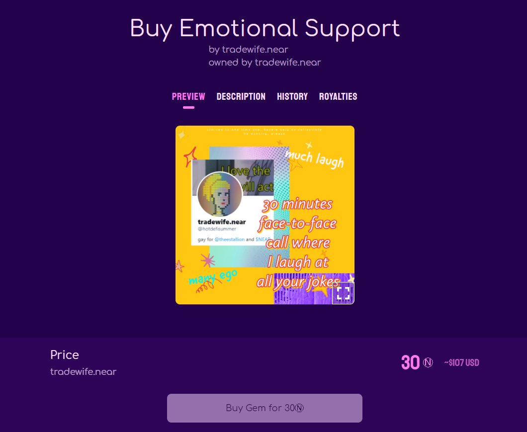 Minted my first <a href="/pluminite/">pluminite</a> NFT. It's a ticket for 30 minutes of my time. I laugh at all your jokes. You are emotionally supported. 🥰🥰🥰

pluminite.com/?transactionHa…