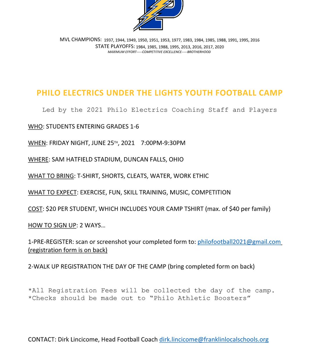 PhiloFootball1's tweet image. Philo Youth Football Camp Under the Lights June 25th 7-9:30 pm at Sam Hatfield Stadium.  Information and registration form below.