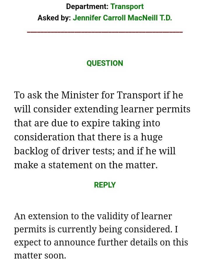 art_omahony's tweet image. Huge thanks to @CarrollJennifer for raising @yfg&apos;s campaign on #LearnerPermits with the Minister for Transport in Leinster House 🙌