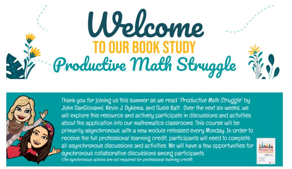 Productive Math Struggle summer book study begins on TODAY!! Check your email for the enrollment code for the canvas course. Let's get ready to struggle...productively that is 😁@mcorley75 @danifryIC #FISDmathworkshop