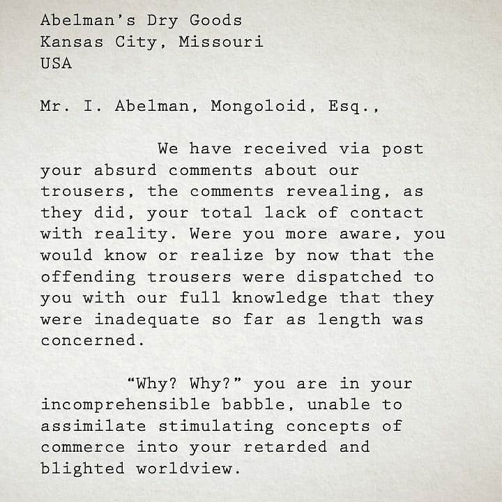 WorkingIgnatius's tweet photo. #TBT to that time I had to let Abelman's Dry Goods know all about themselves.
#LevyPants
#AConfederacyOfDunces #ConfederacyOfDunces #IgnatiusJReilly #IgnatiusReilly #JohnKennedyToole #BookQuotes #books https://t.co/p4hCx0cFuD
