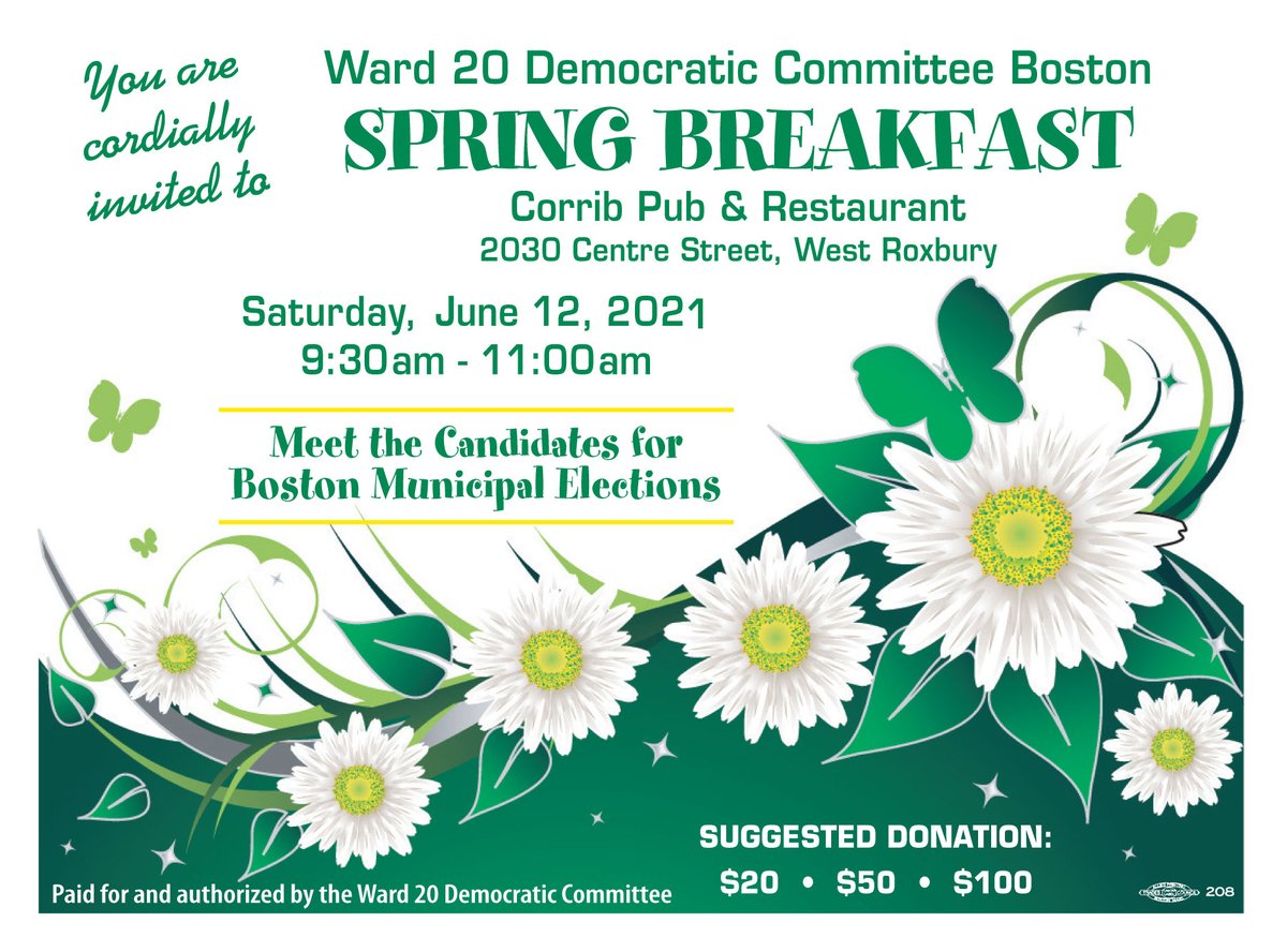 Ward20Democrats's tweet photo. Don't forget the Ward 20 Democratic Committee Spring Breakfast is next Saturday, June 12th, at 9:30am please join us at the Corrib Pub &amp; Restaurant located on 2030 Centre Street in #WestRoxbury! #Ward20Boston #Ward20Democrats @massdems  #Bospoli #mapoli https://t.co/7Tn4BRncSx