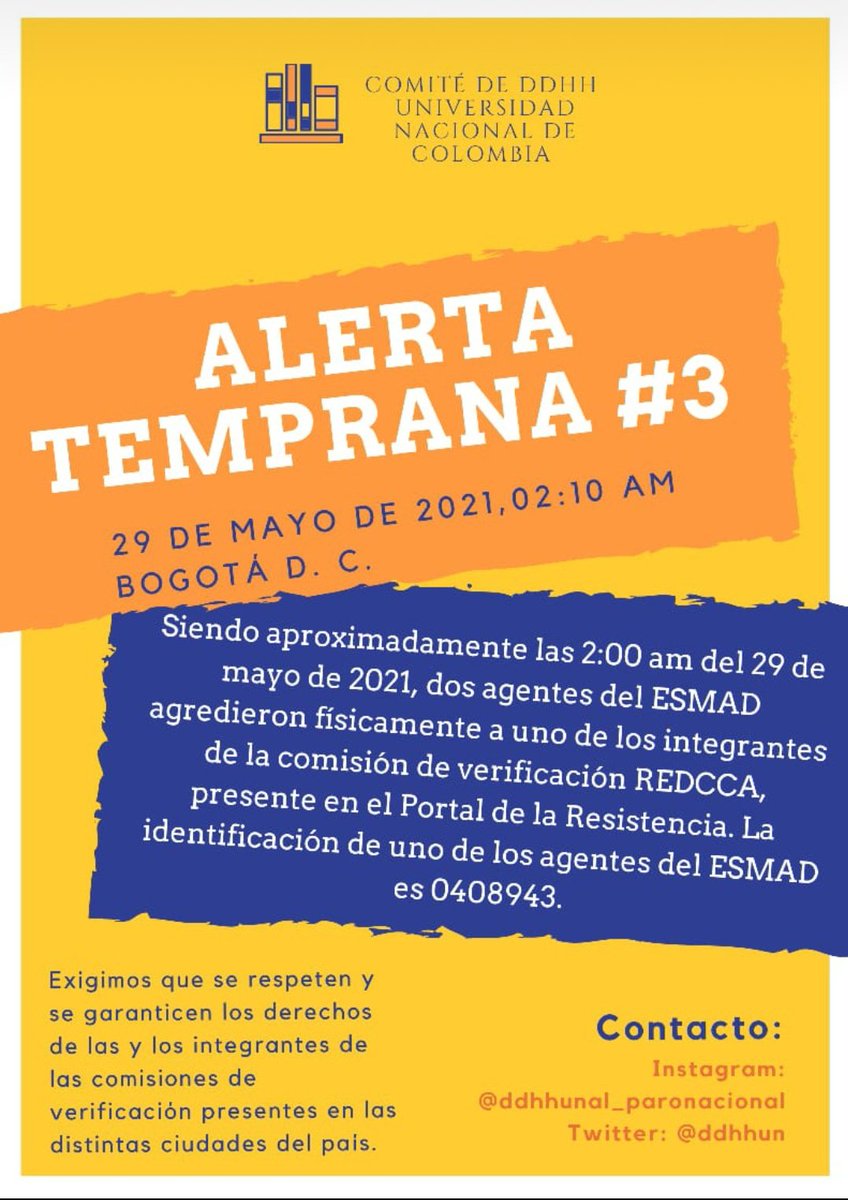 ddhhun's tweet photo. @MutanteOrg Después de la jornada del 28M en #PortaldeLaResistencia, dos defensores fueron agredidos físicamente por el ESMAD y amenazaron con capturar a los  defensores en campo que no tuviesen carnet. https://t.co/3EmTcxmXJc