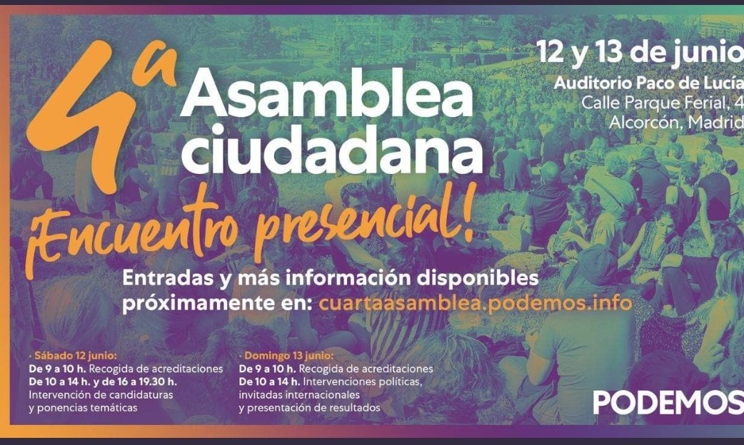 etettamantti's tweet photo. Es importante que el fin de semana estemos todas y todos en la Cuarta Asamblea Ciudadana Estatal de @PODEMOS
Puedes conseguir tu entrada en https://t.co/ieruzPv5rx a partir de mañana.
Seguimos avanzando hacia un #podemoshorizontal https://t.co/yLaz41iksJ