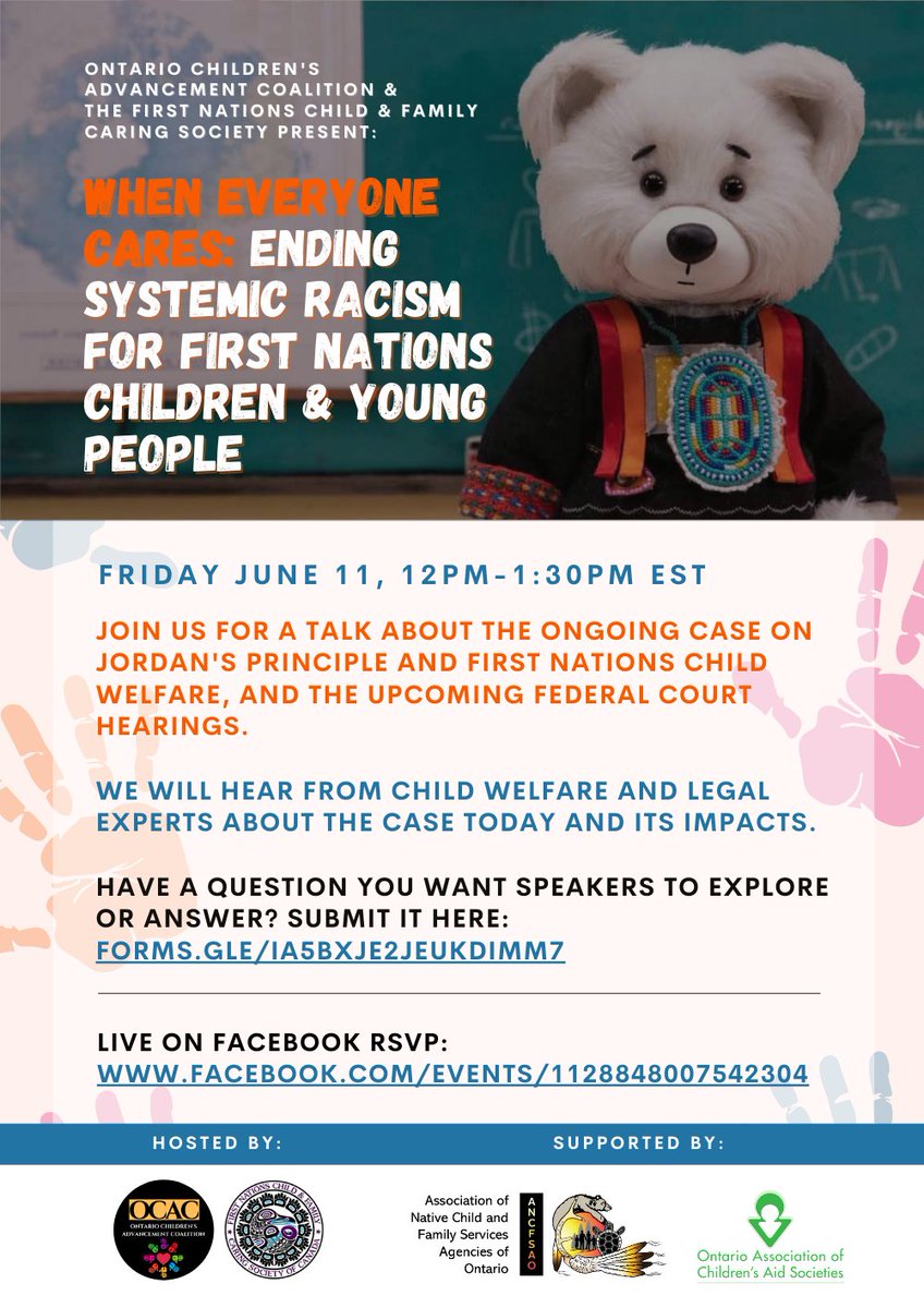 JUNE 11th 12PM join <a href="/childcoalition/">Ontario Children's Advancement Coalition</a> &amp; <a href="/CaringSociety/">First Nations Child & Family Caring Society</a>  supported by @ANCFSAO &amp; <a href="/our_children/">OACAS</a> for a talk by #childwelfare &amp; #legal experts, incl. <a href="/cblackst/">Cindy Blackstock</a>, re: ongoing case on Jordan's Principle &amp; FN child welfare + upcoming Federal court hearings! 
RSVP: fb.me/e/3P44XlJXO