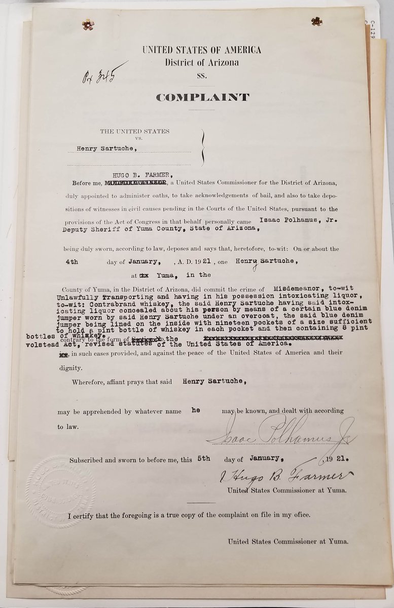 NARiverside's tweet image. Yuma, AZ, 1921. Henry Sartuche had 8 pints of whiskey in his pockets! Yes, and he was said to have been wearing a denim jumper with 19 pockets--each large enough to hold one pint. In the age of prohibition, he gets points for creativity, but still paid a fine. #ArchivesWaitWhat