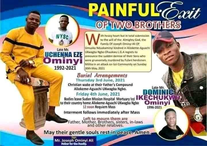 ElochukwuOhagi's tweet photo. Two brothers killed on the same day by Fulani herdsmen terrorists. https://t.co/7066c99GLV