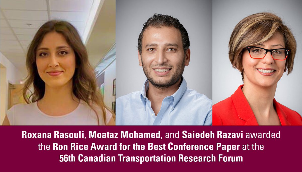 Congratulations Roxana Rasouli, <a href="/Moataz_MMohamed/">Moataz Mohamed</a> &amp; <a href="/SaiRazavi/">Saiedeh Razavi</a> on being awarded Best Conference Paper at the 56th Canadian Transportation Research Forum (<a href="/ForCtrf/">CTRF</a>) #maceng #transportationengineering #autonomousvehicles #EVs